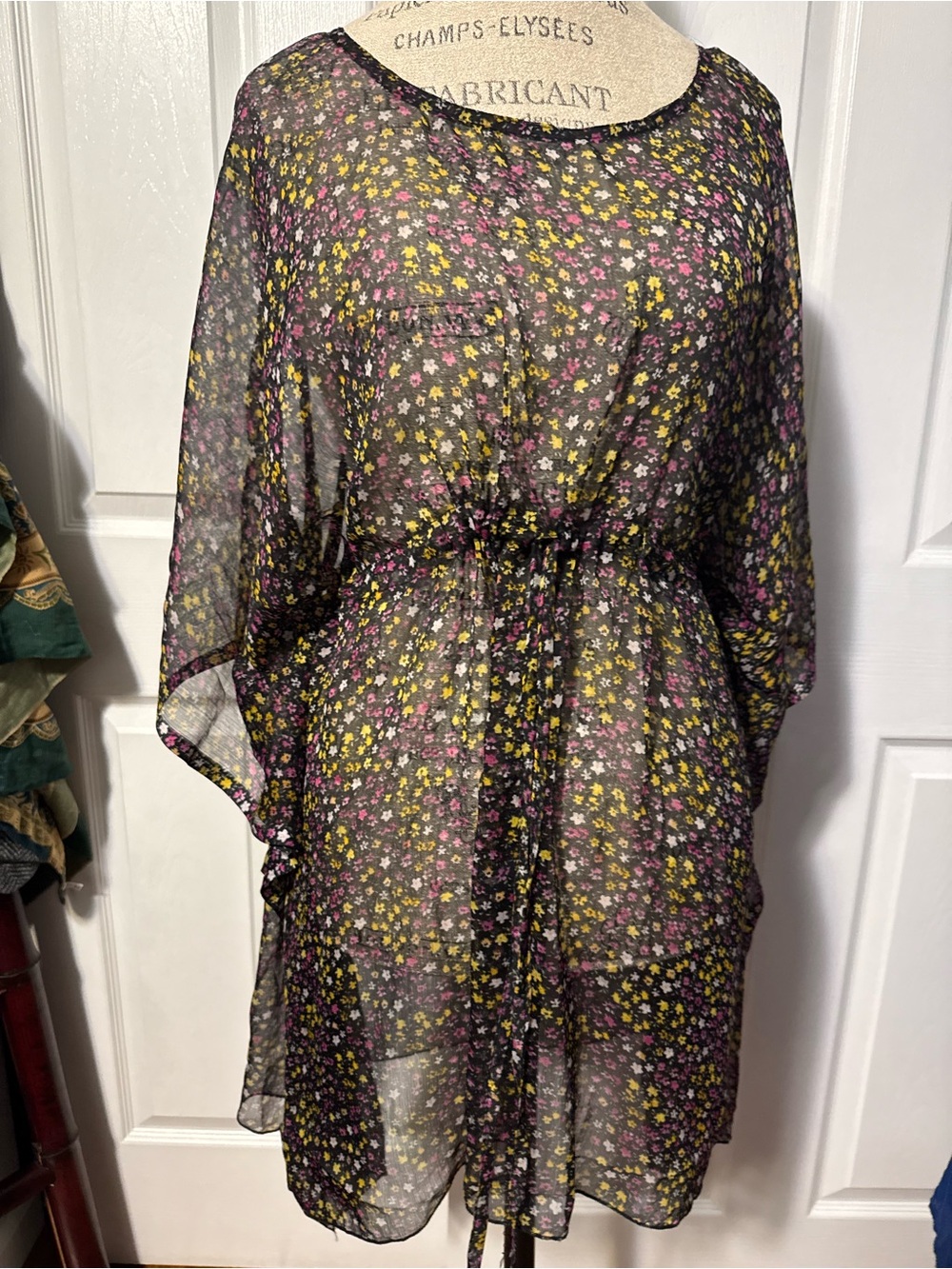 Sheer Black Floral Tie-Waist Swim Dress Coverup - Yellow & Pink Print